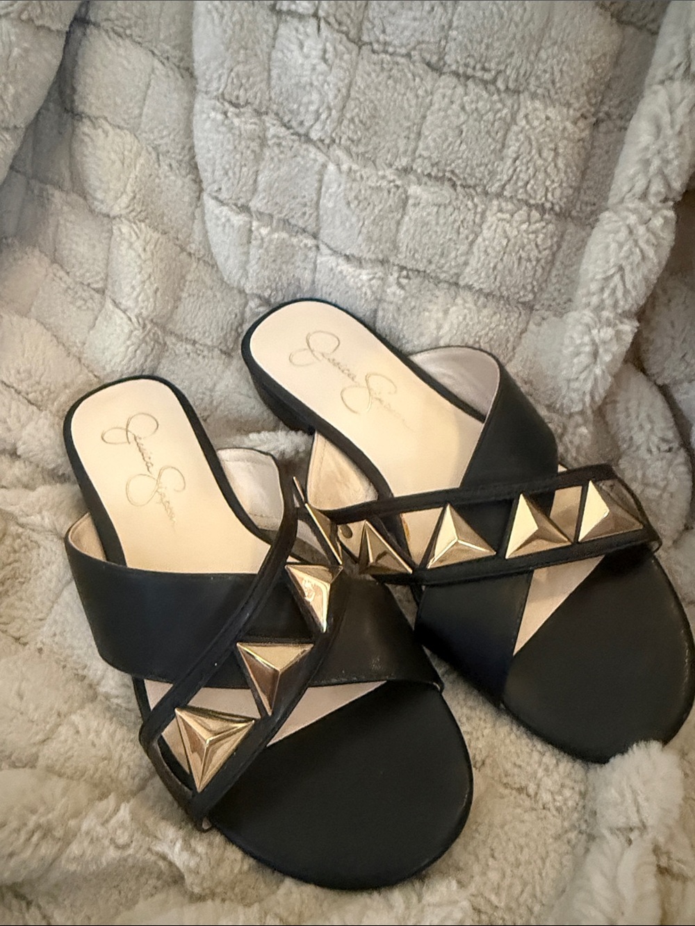 Jessica Simpson Black Slide Sandals with Gold Pyramid Studs